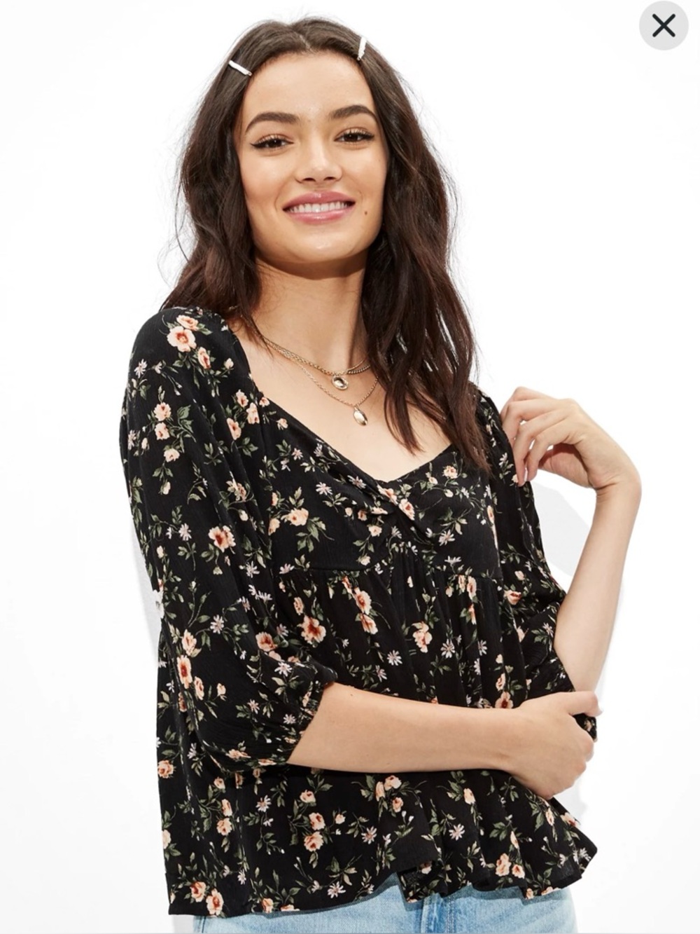 American Eagle Twist Front Floral Peasant Blouse size Small